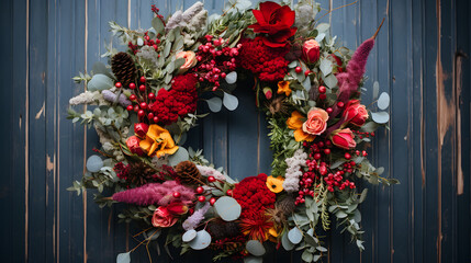 Fototapeta na wymiar Handmade Christmas wreaths variety of styles natural materials --ar 16:9 --v 5.2 --style raw