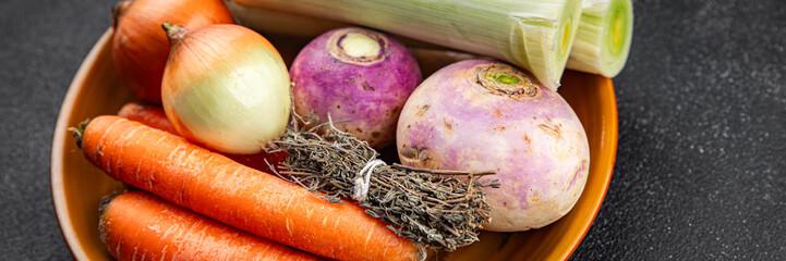 raw vegetable broth set leek, carrot, celery, turnip, herbs fresh healthy eating cooking appetizer...