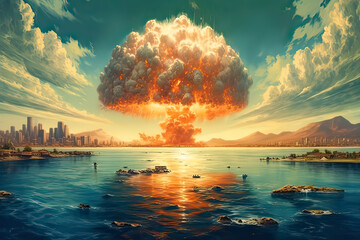 Dystopian aftermath, Stock photo depicting smoke from a nuclear explosion a haunting image symbolizing the gravity and consequences of a catastrophic event. - obrazy, fototapety, plakaty