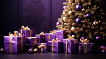 Merry Christmas background with pink and violet festive gift boxes and Christmas balls. Holiday...