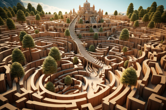 A labyrinth with intricate pathways, symbolizing the complexity and maze-like nature of certain conceptual frameworks. Concept of labyrinthine complexity. Generative Ai.