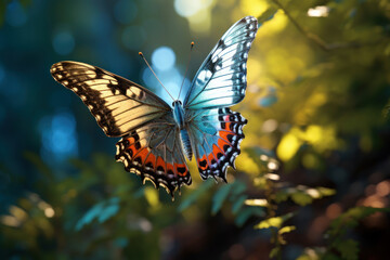 Fototapeta premium A butterfly in flight, leaving a trail of colorful patterns, portraying the transformative and visually impactful nature of influential concepts. Concept of transformative influence. Generative Ai.