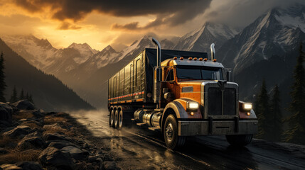 Shades of the highway. Photo of a truck on the road at sunset. A dynamic image that represents the...