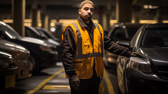 Parking lot attendant wearing bright orange and yellow safety vest