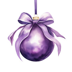 purple watercolor Christmas ball with ribbon and a bow, isolated on background. Generative AI.