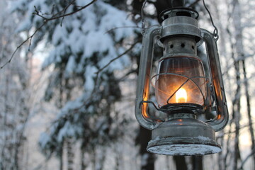 fantasy lantern in a fairy winter forest