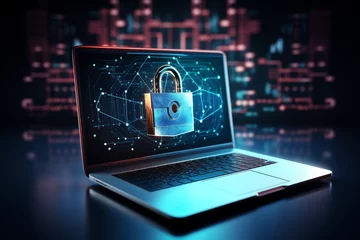 Fotobehang Cyber Security Laptop, Digitalisierung, futuristische Grafik © GreenOptix