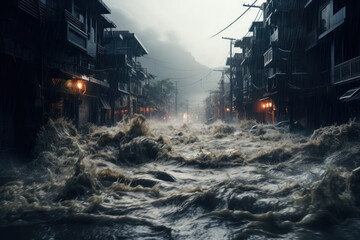 A torrential downpour transforming streets into rivers, illustrating the power and intensity of...