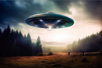 Extraterrestrial arrival, Stock photo capturing the moment a flying saucer lands on planet Earth a captivating image of sci fi wonder and interstellar intrigue.