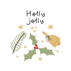 Holly jolly. Cartoon fir branches, mistletoe, bell, hand drawing lettering, décor elements. holiday theme. Colorful vector illustration, flat style. design for greeting cards, print, poster	