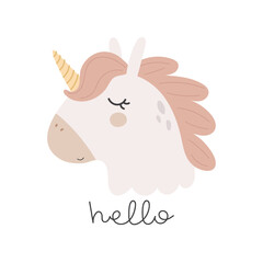 Obraz na płótnie Canvas Hello. Cartoon unicorn, hand drawing lettering, decor elements. Colorful vector illustration for kids, flat style. baby design for card, print, poster, cover.