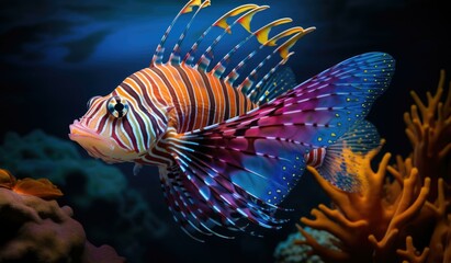 Naklejka na ściany i meble A lionfish swimming in the ocean with coral. Generative AI.