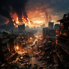 Fotobehang Destruction of cities. A photo depicting a city in flames and smoke from bombing, conveying the tragic consequences of destruction and despair. © Людмила Мазур