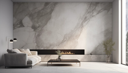 Living room with marble wall and fireplace in beige, gray minimalist with sofa