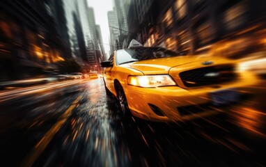 Yellow taxi driving through the city during rush hour