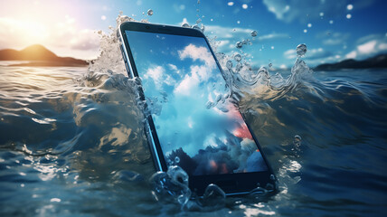 Waterproof smartphone in the ocean.Showing that smartphone resistant to the water.Mobile phone of last generation - obrazy, fototapety, plakaty