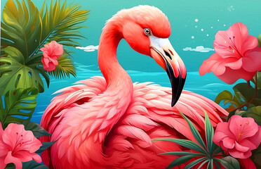 Ai generated, Pink color cute flamingo bird. Vacation rest party vibe. Graphic Art.