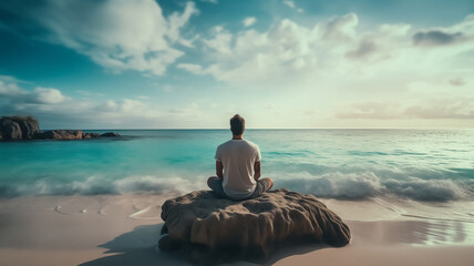 Young man sitting on the beach doing yoga and meditating.Relaxing near the ocean in luxury place.Travel and work balance.