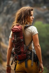 Young woman wearing in climbing equipment standing in front of a stone rock outdoor and preparing to climb