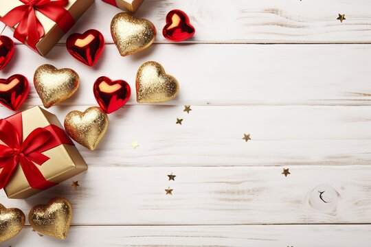Valentine's Day background with hearts and gifts in red and gold tones on white background.