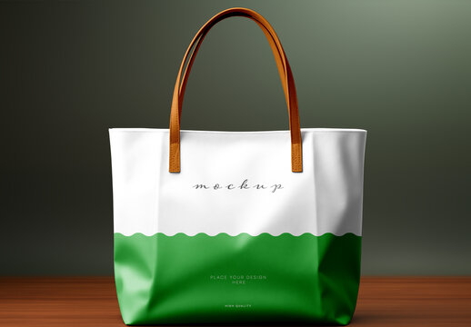 Minimal Tote Bag Mockup with Green Base &ndash; Customizable Eco-Friendly PSD for Stylish Branding