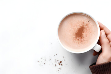 Hand hold cup of hot chocolate cocoa drink on white background. Top view. Generated AI