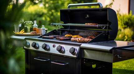 Un barbecue gaz moderne avec des saucisses, des brochettes et des burgers en train de cuire.  - obrazy, fototapety, plakaty