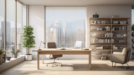 Super modern business office indoors inspired in minimalism, wide windows and trees. A space where creativity flows. Still life shot of a modern office space