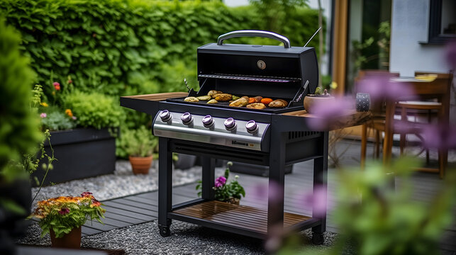 Un barbecue utilis&eacute; pour griller divers aliments dans un jardin.