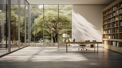 Super modern business office indoors inspired in minimalism, wide windows and trees. A space where creativity flows. Still life shot of a modern office space