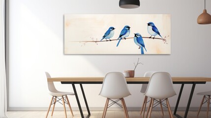 minimalist art, blue birds on beige background, abstract art, 16:9, copy space