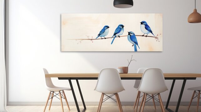 minimalist art, blue birds on beige background, abstract art, 16:9, copy space