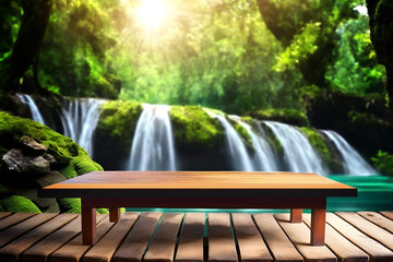 Wooden podium table top in outdoor waterfall and lake green tropical forest cascade nature blurred background