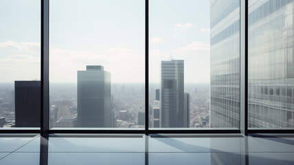 High-rise modern building with wide windows of city view. Empty room with wide windows.Minimalism style. Can be used for office and conferences.