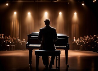 artist playing piano on stage, back view

