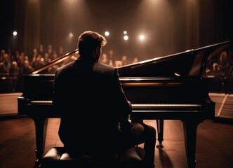 artist playing piano on stage, back view  