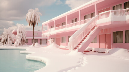Tropical resort after unexpected snowstorm. Retro feel. Pink southern hotel with a frozen swimming...