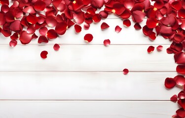 red petal roses flower on white wooden table for valentine day card design