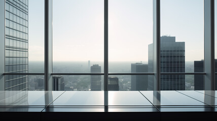High-rise modern building with wide windows of city view. Empty room with wide windows.Minimalism style. Can be used for office and conferences.