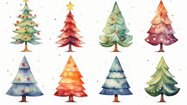 set of cute watercolors of a colourful christmas tree for kids book, white background, clipart, 16:9