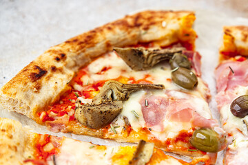 pizza artichoke ham olives fast food eating cooking meal food snack on the table copy space food background rustic top view