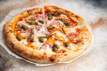 pizza artichoke ham olives fast food eating cooking meal food snack on the table copy space food background rustic top view