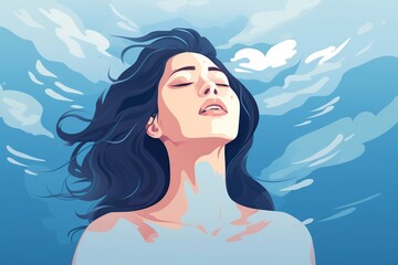 illustration of a woman breathing air in the sea - obrazy, fototapety, plakaty