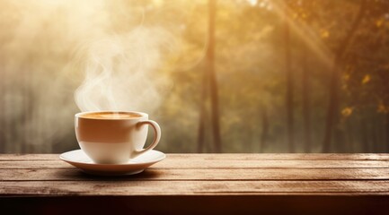 A hot cup of coffee on a wooden table with a smoky background and sunlight. Generative AI.