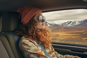 beautiful woman enjoying her trip to Iceland from a car - obrazy, fototapety, plakaty