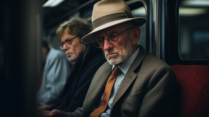 old men on a train and hats on their head
