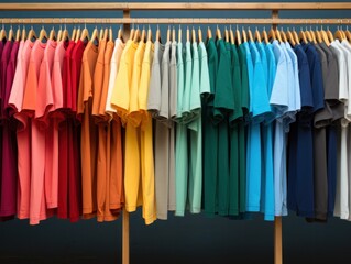 one of many tshirts on a rack in a factory,