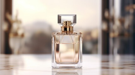 perfume bottle with blank front, realistic on a mockup template in a table in a luxury store