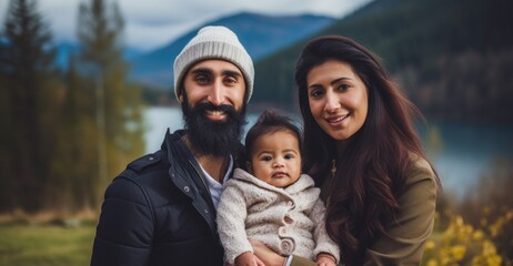 Fototapeta na wymiar A man with a beard and a woman holding a baby. Generative AI.