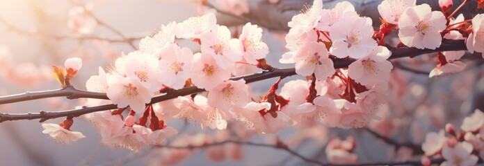 pink flowers blooming on a tree in bright light,